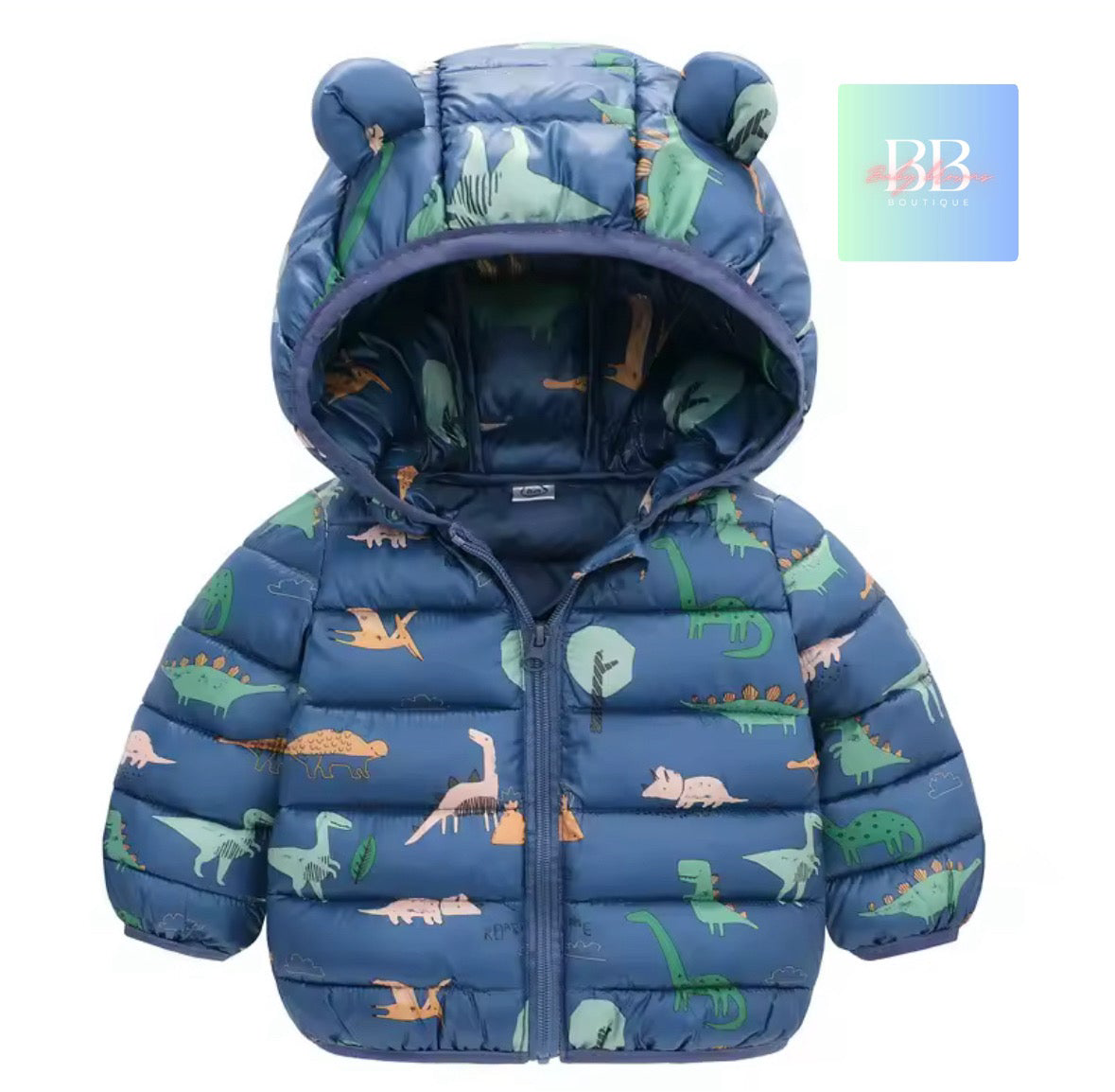 Blue children's puffer jacket with dinosaur pattern on a white background