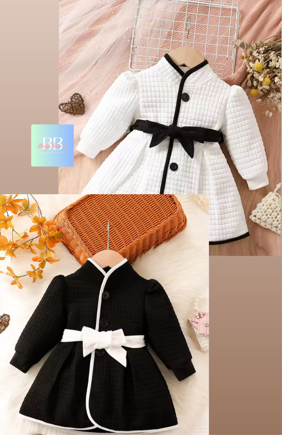 White and black children's dresses with bows on a neutral background