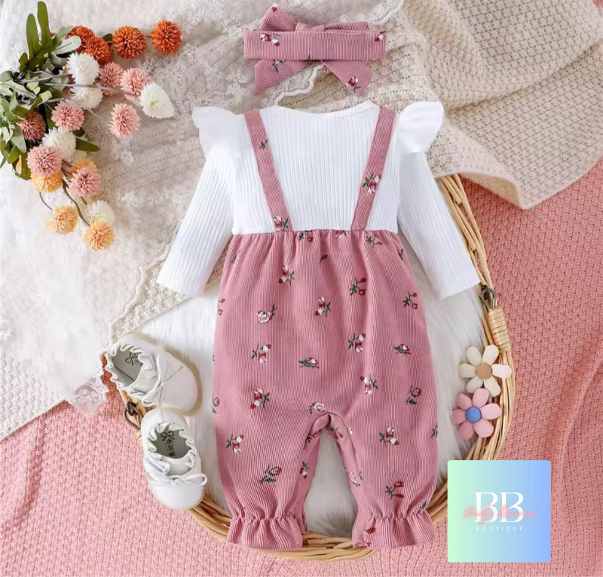 Baby Girl Long Sleeve Floral Romper with Patchwork Bow & Headband. 2 Colours, 3-18M