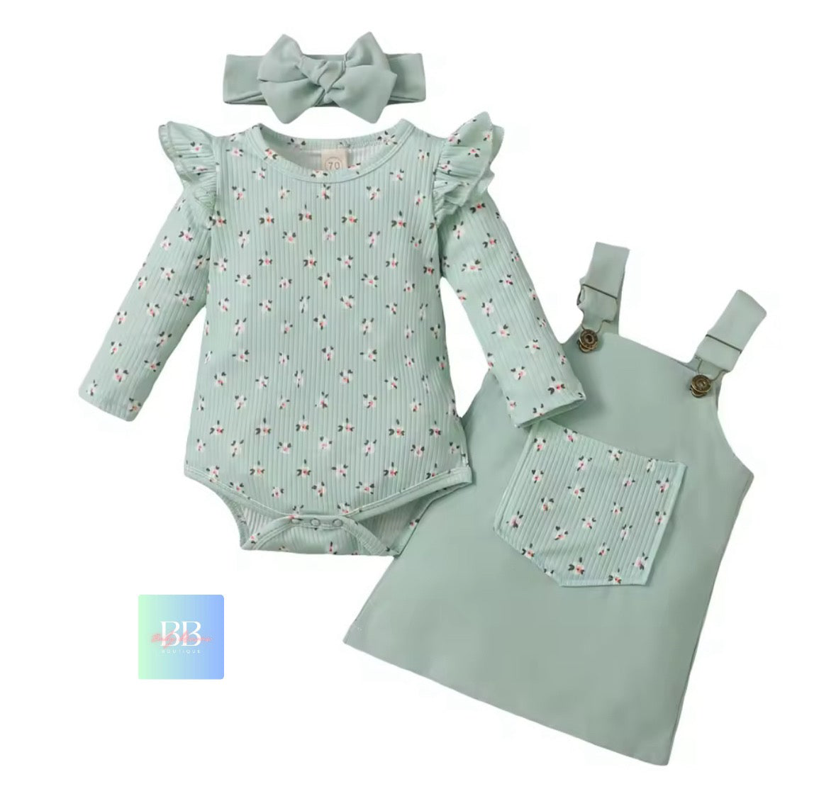 Mint green baby outfit with romper, overalls, and headband on a white background