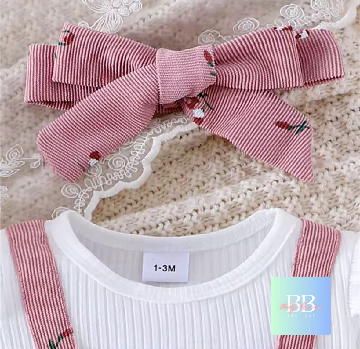 Baby Girl Long Sleeve Floral Romper with Patchwork Bow & Headband. 2 Colours, 3-18M