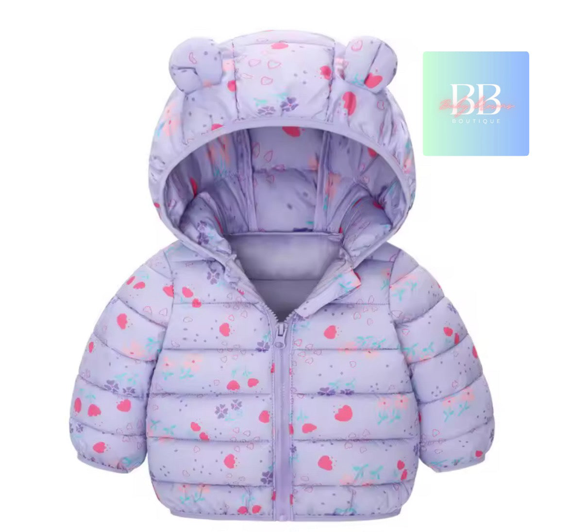 Children's purple puffer jacket with heart patterns on a white background