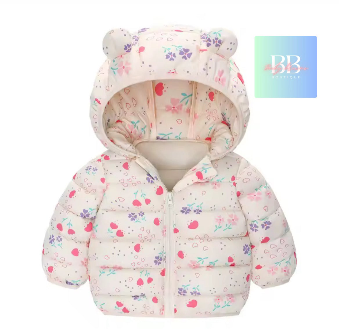 Children's floral-patterned puffer jacket with bear ears on a white background