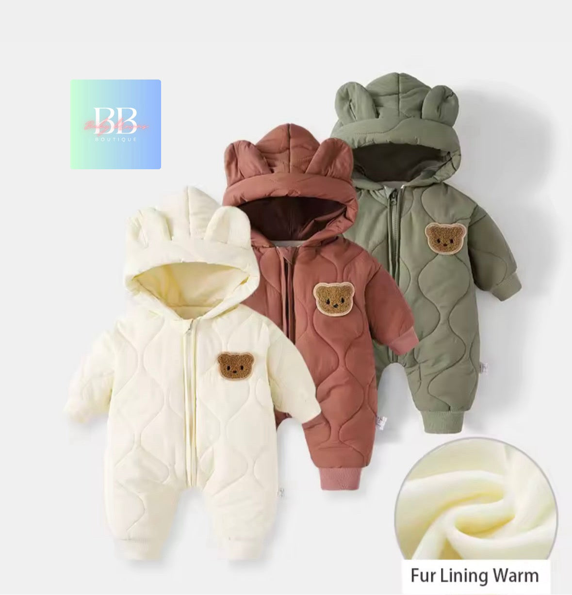 Baby/Toddler Outdoor Fur Lining Long Sleeved Romper Suit with Hood. 3 Colours,  0-12M