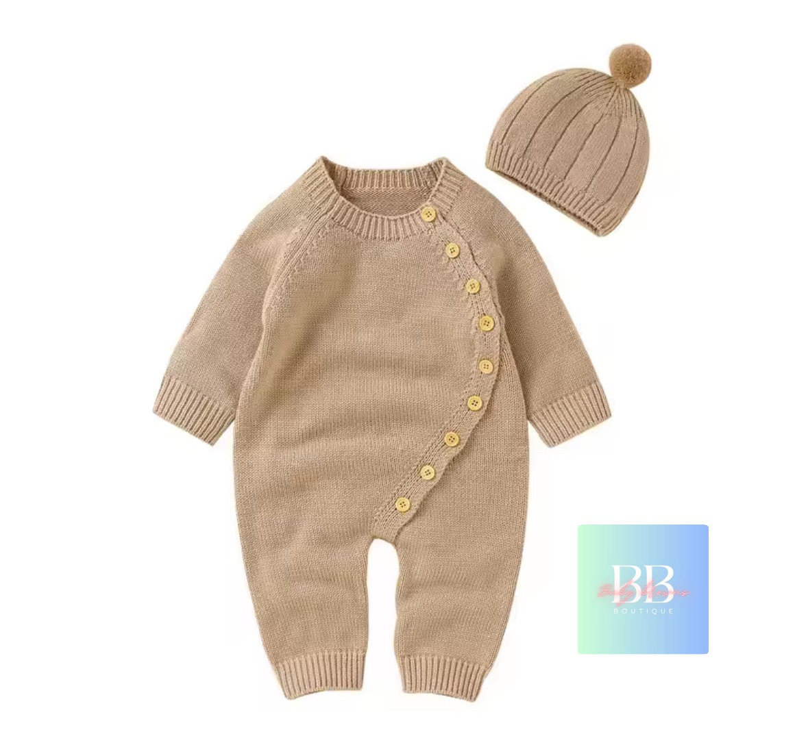 Beige knitted baby romper with yellow buttons and matching hat on a white background