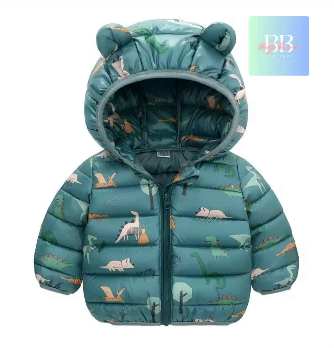 Children's puffer jacket with dinosaur pattern on a white background