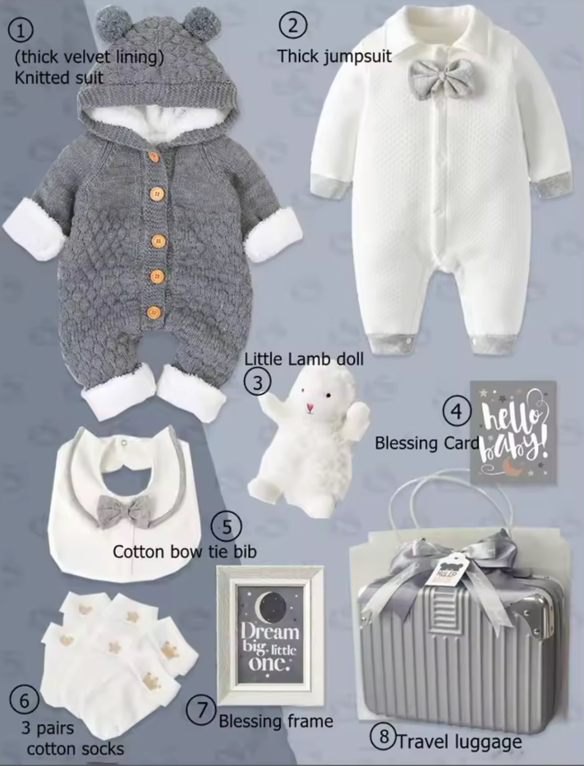 Collection of baby items including a knitted suit, jumpsuit, doll, bib, socks, and travel luggage on a gray background.