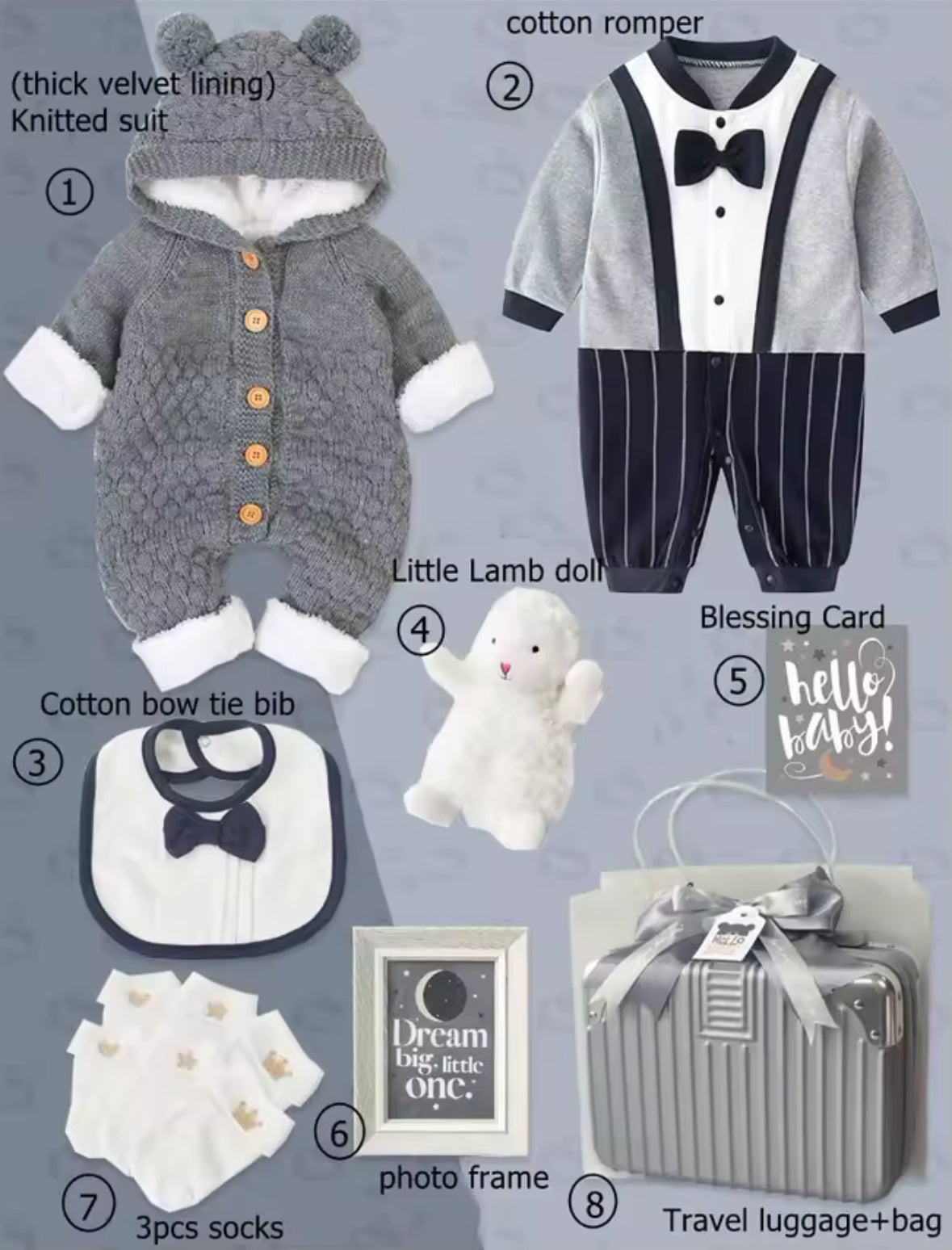 Collection of baby items including a knitted suit, romper, bib, plush toy, photo frame, and travel bag on a gray background.