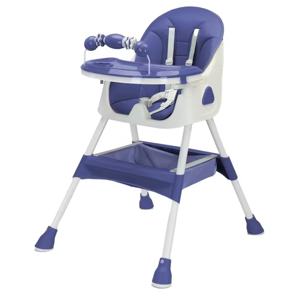 Purple and white high chair on a white background