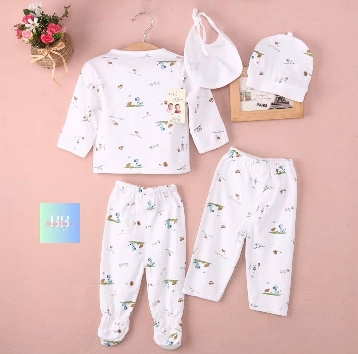 Baby Unisex Pyjamas with Animal Print Shirt & Pants. 0-3M, 3 Colours!