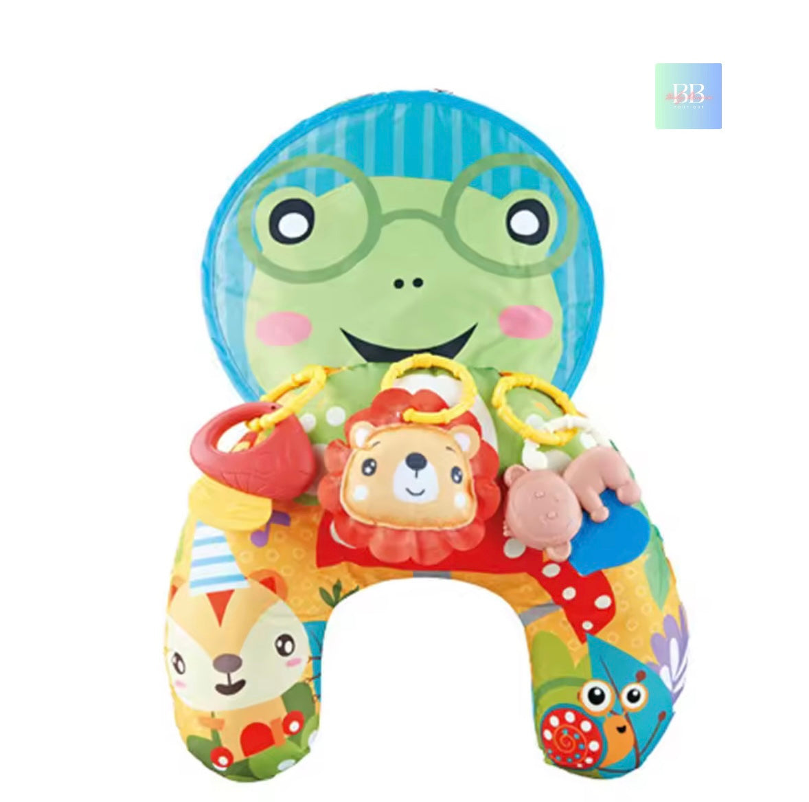 Colorful baby toy shaped like the letter 'A' with animal faces and a smiling frog character.