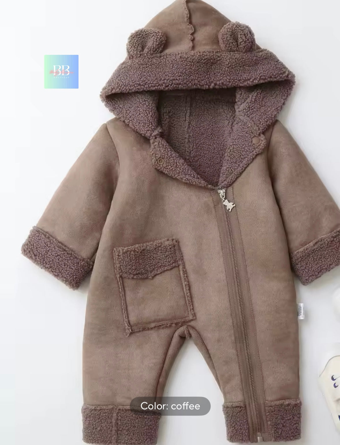 Brown baby onesie with hood and bear ears on a white background