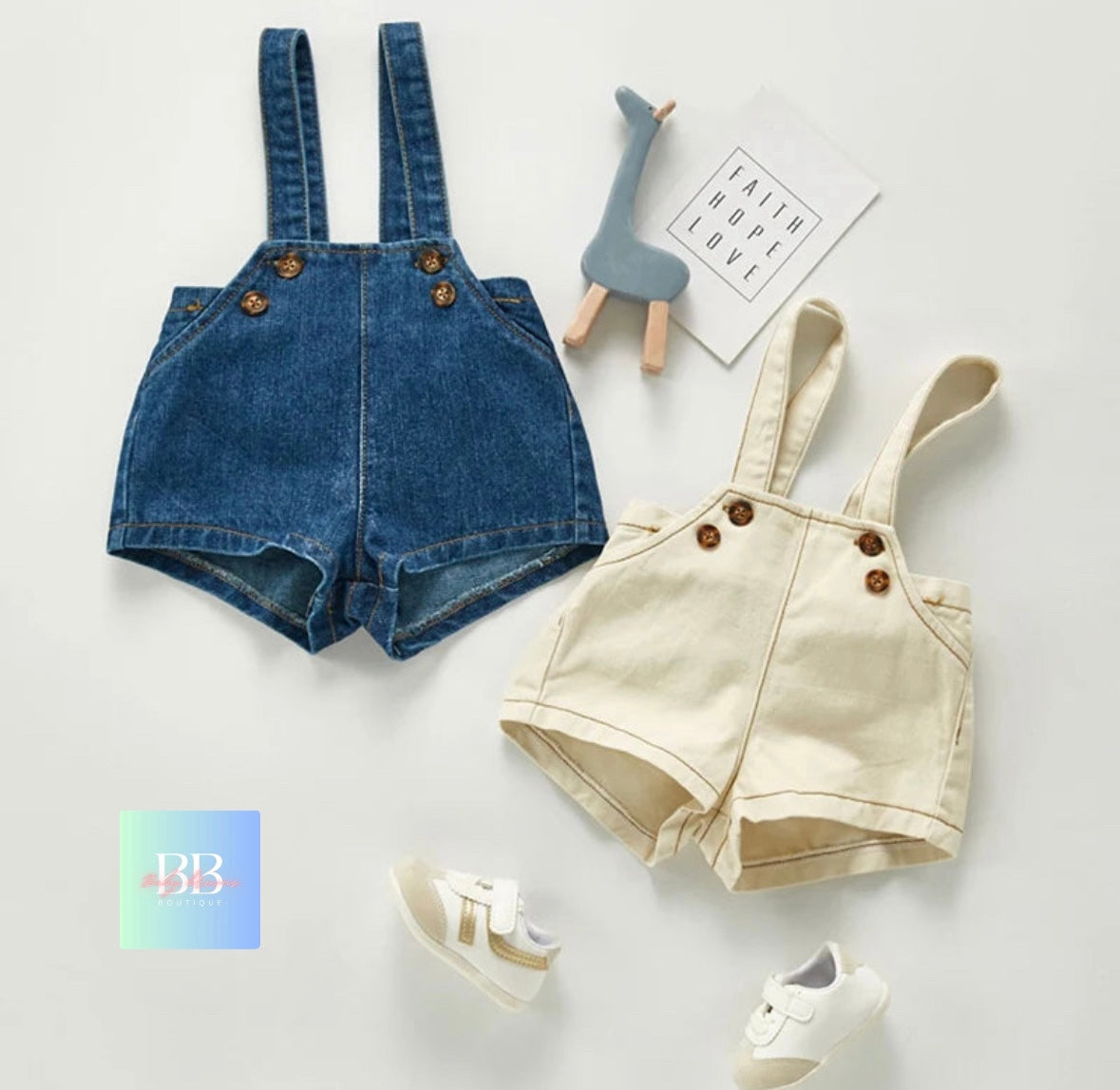 Baby/Toddler Short Denim Dungarees. 2 colours, 3M-3Y.