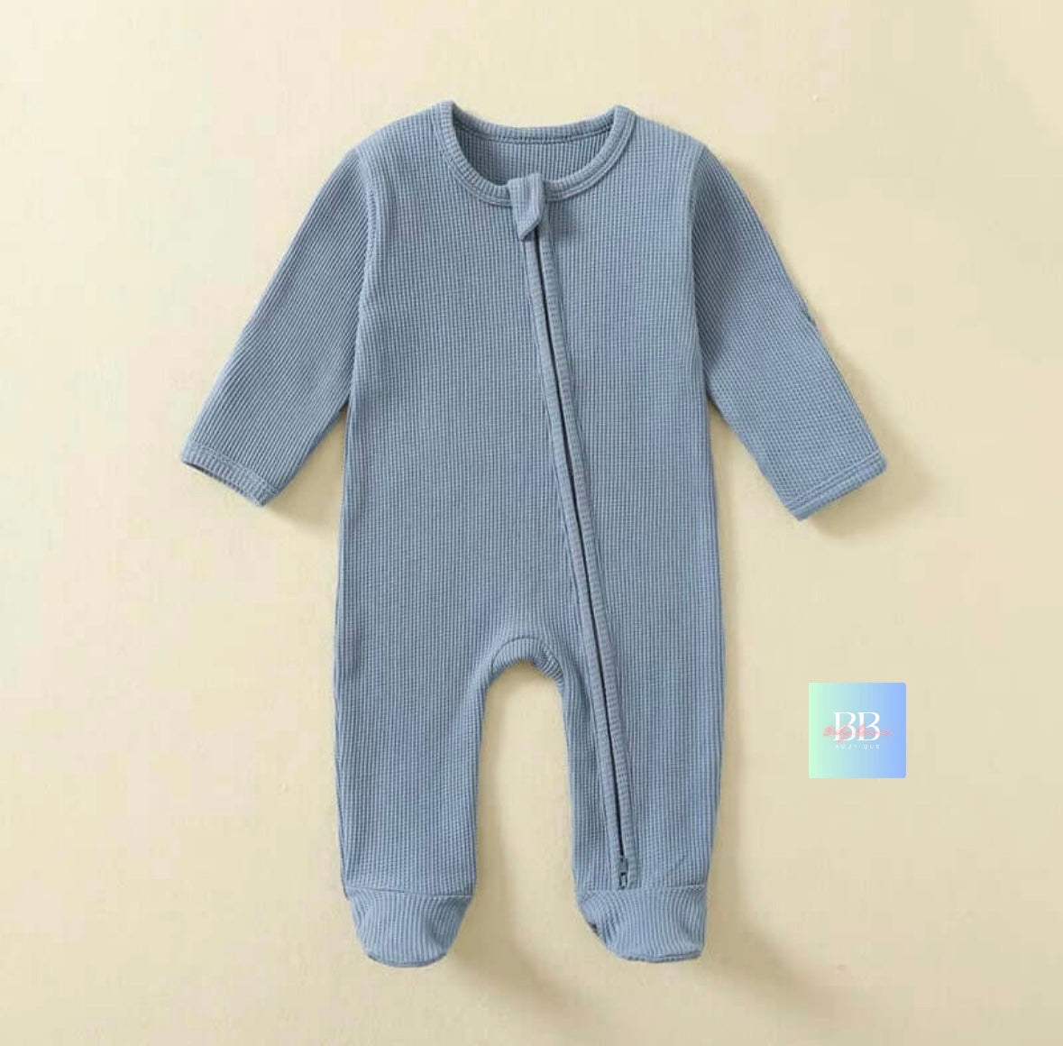 Organic waffle Cotton Baby Rompers with zip. Footed Long-Sleeve Sleepsuits 3-12M, 4 colours.