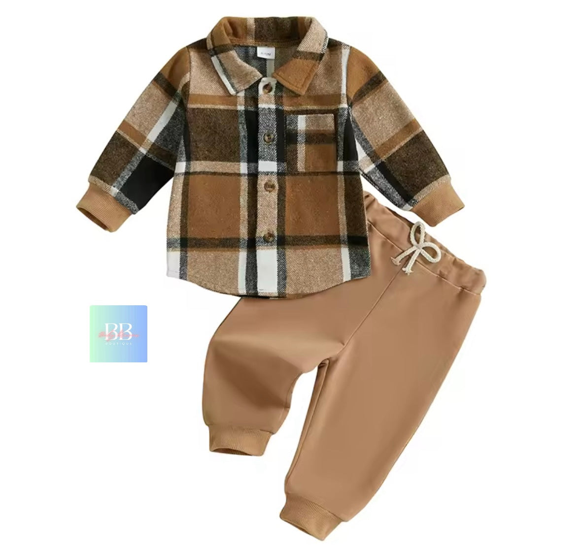 Children's plaid shirt and beige pants set on a white background