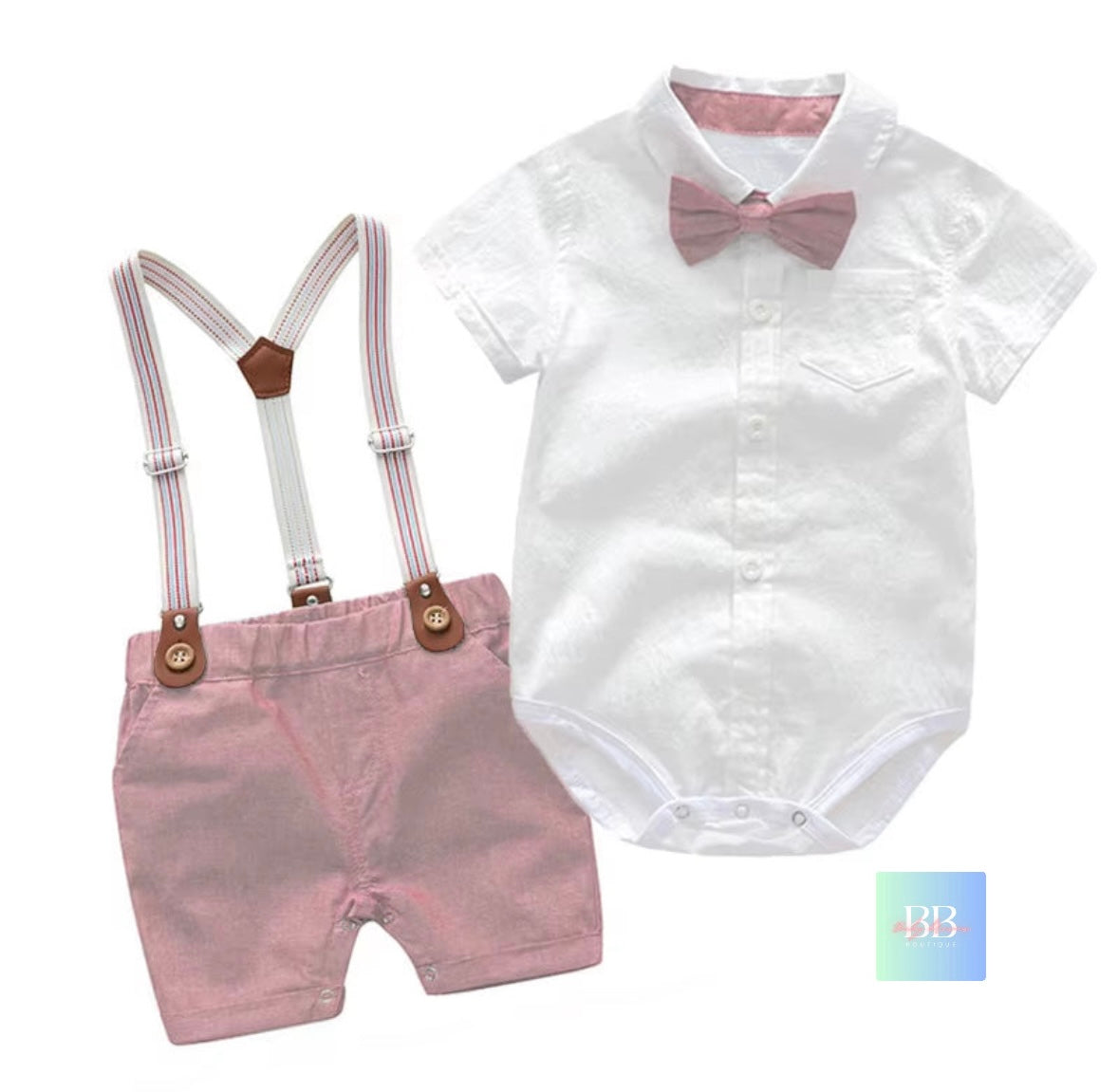 Baby/Toddler Formal Outfit. Short Dungarees, Shirt Style Romper with Bow Tie. 8 colours, 3-24M.