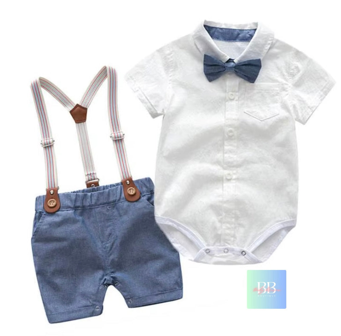 Baby/Toddler Formal Outfit. Short Dungarees, Shirt Style Romper with Bow Tie. 8 colours, 3-24M.