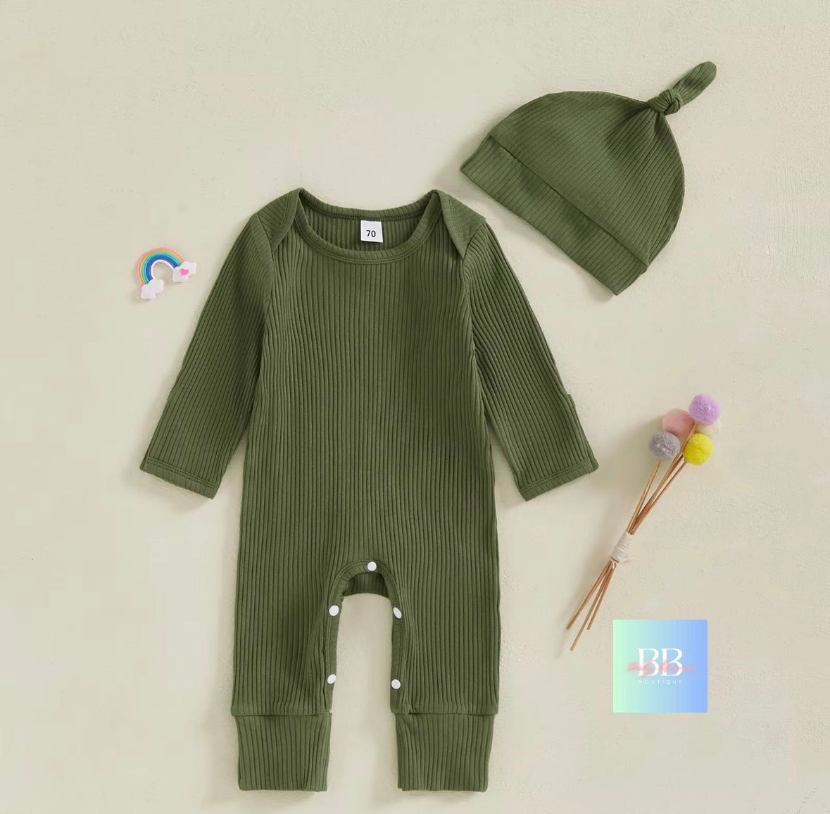 Baby/Toddler Ribbed Long Sleeve Romper with Hat. 0-12M, 4 colours available.