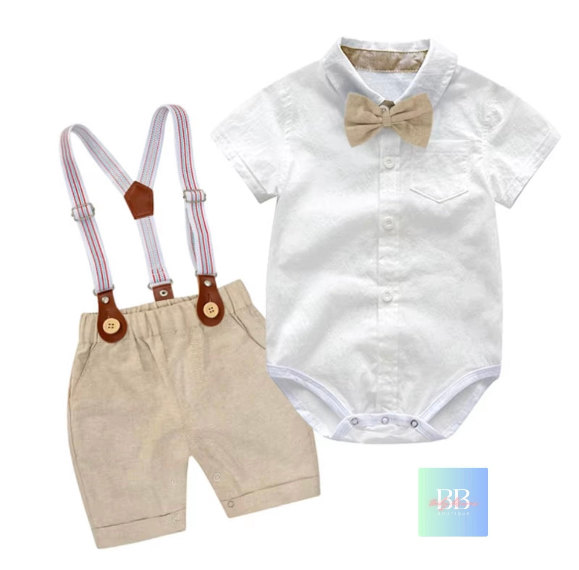 Baby/Toddler Formal Outfit. Short Dungarees, Shirt Style Romper with Bow Tie. 8 colours, 3-24M.