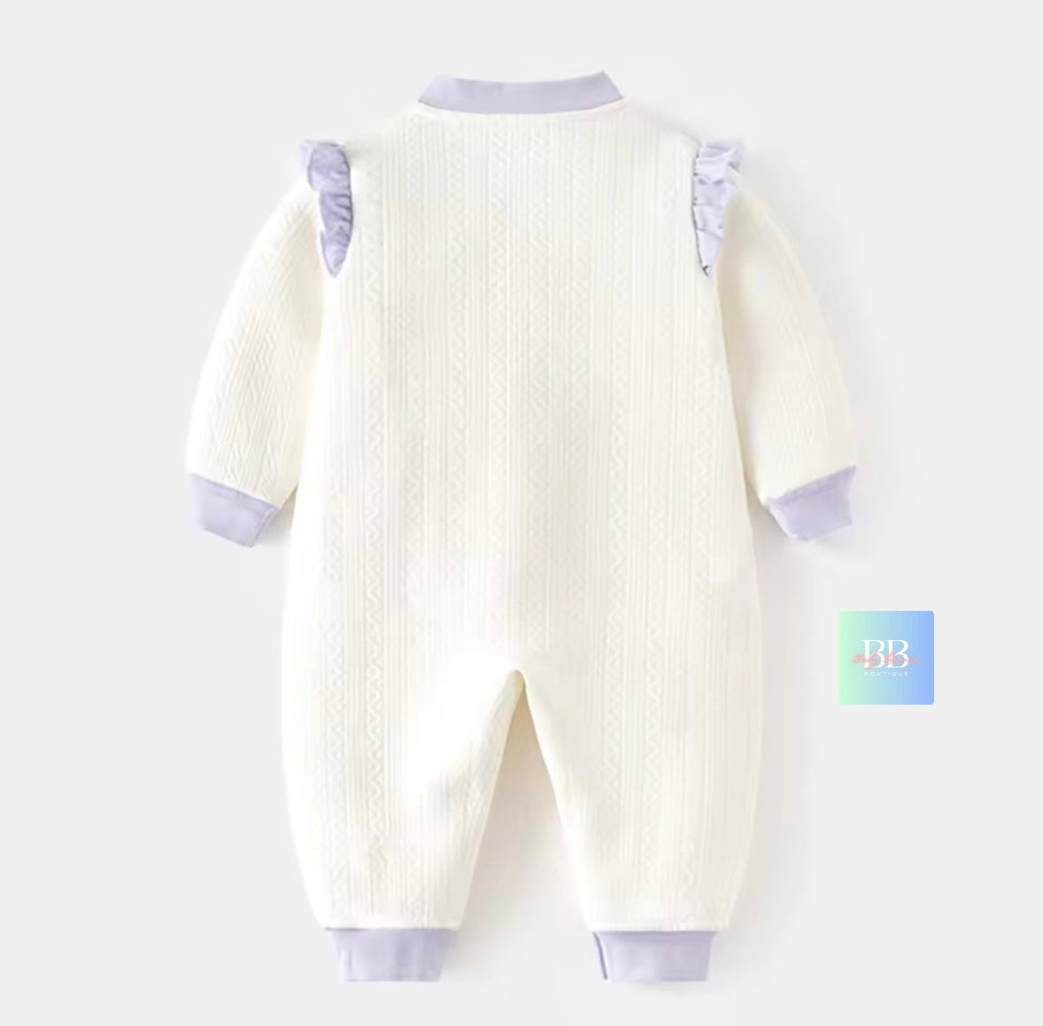 White baby onesie with light blue accents on a white background