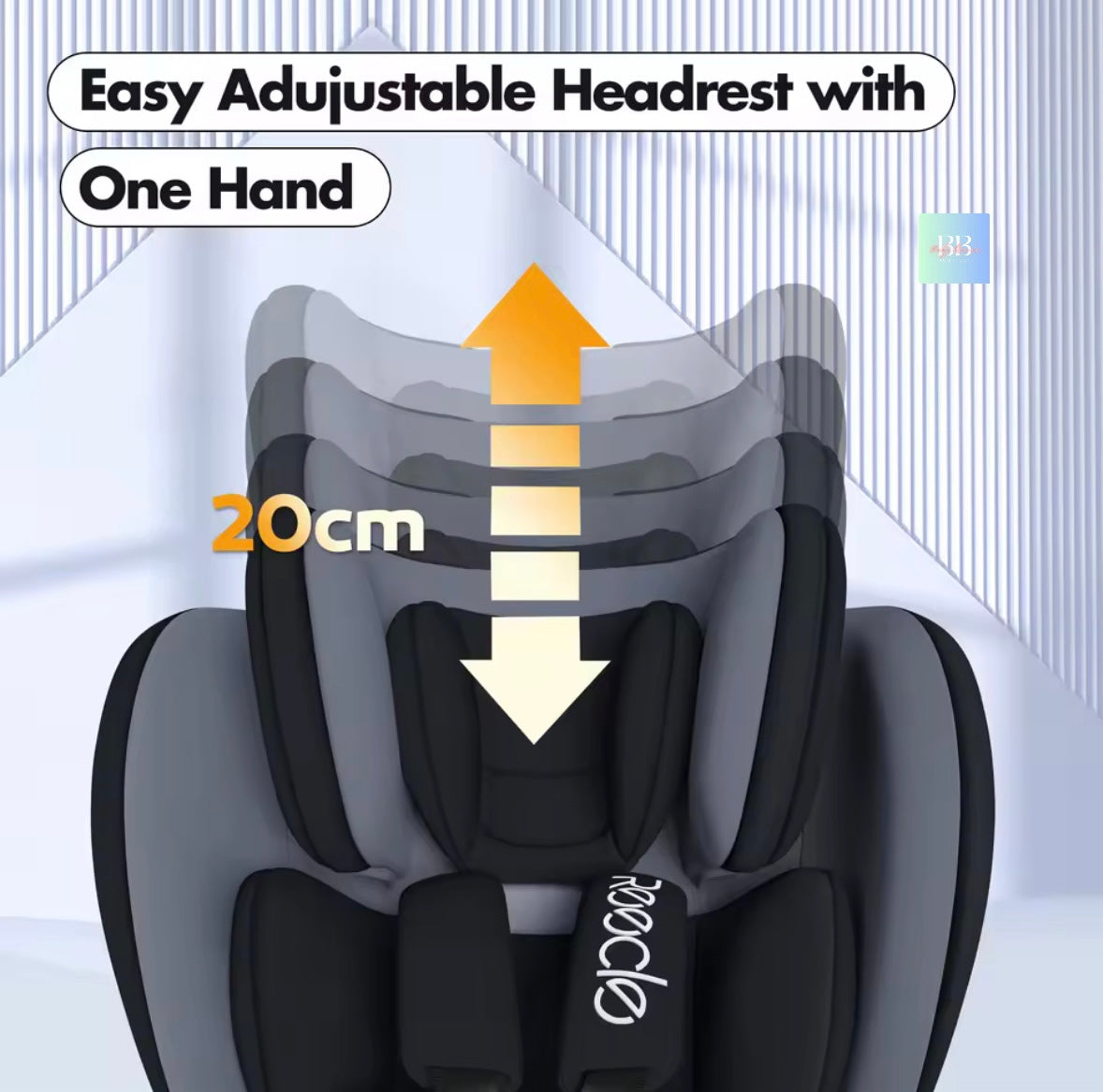 Child car seat with adjustable headrest feature and 'Roocho' branding.