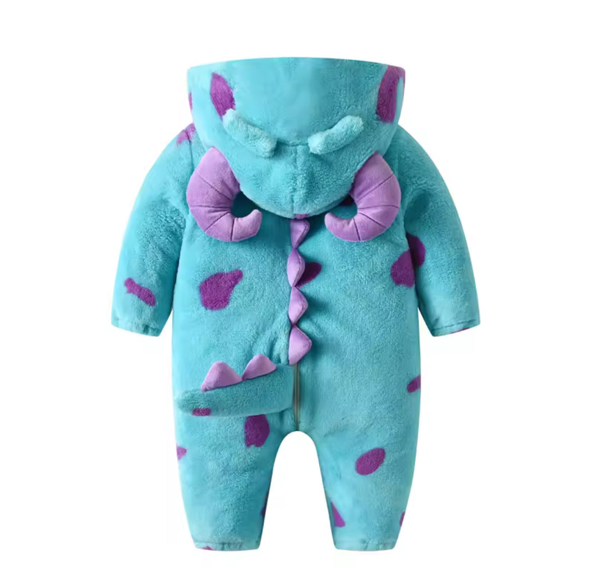 Blue and purple dinosaur-themed baby onesie on a white background