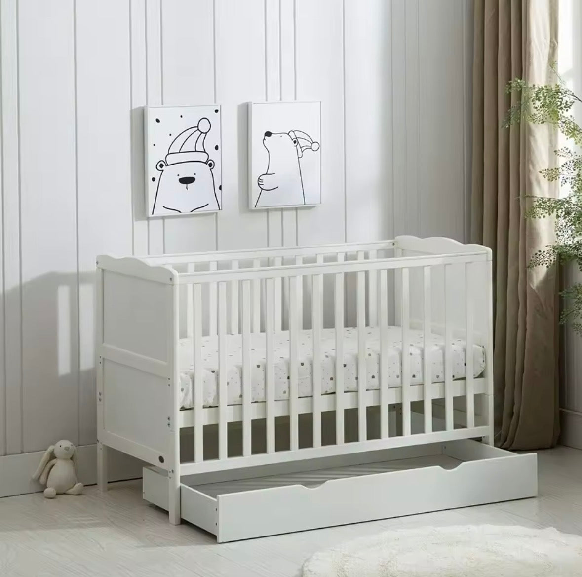 Baby Toddler Wooden Cot Bed with Waterproof Mattress & Drawer Colour Grey