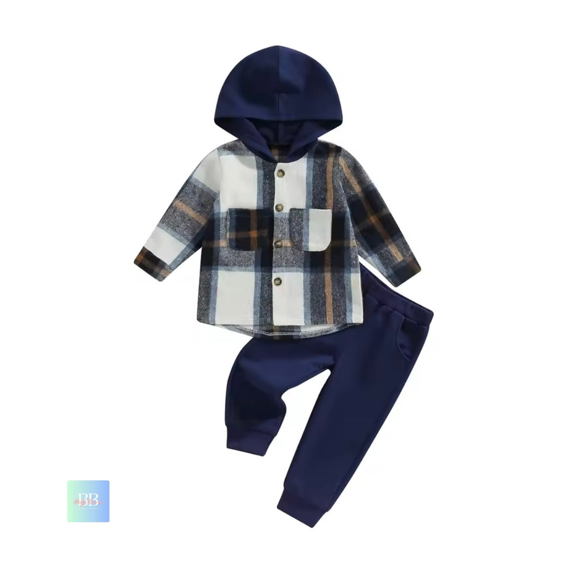 Children's plaid shirt with hood and navy pants on a white background