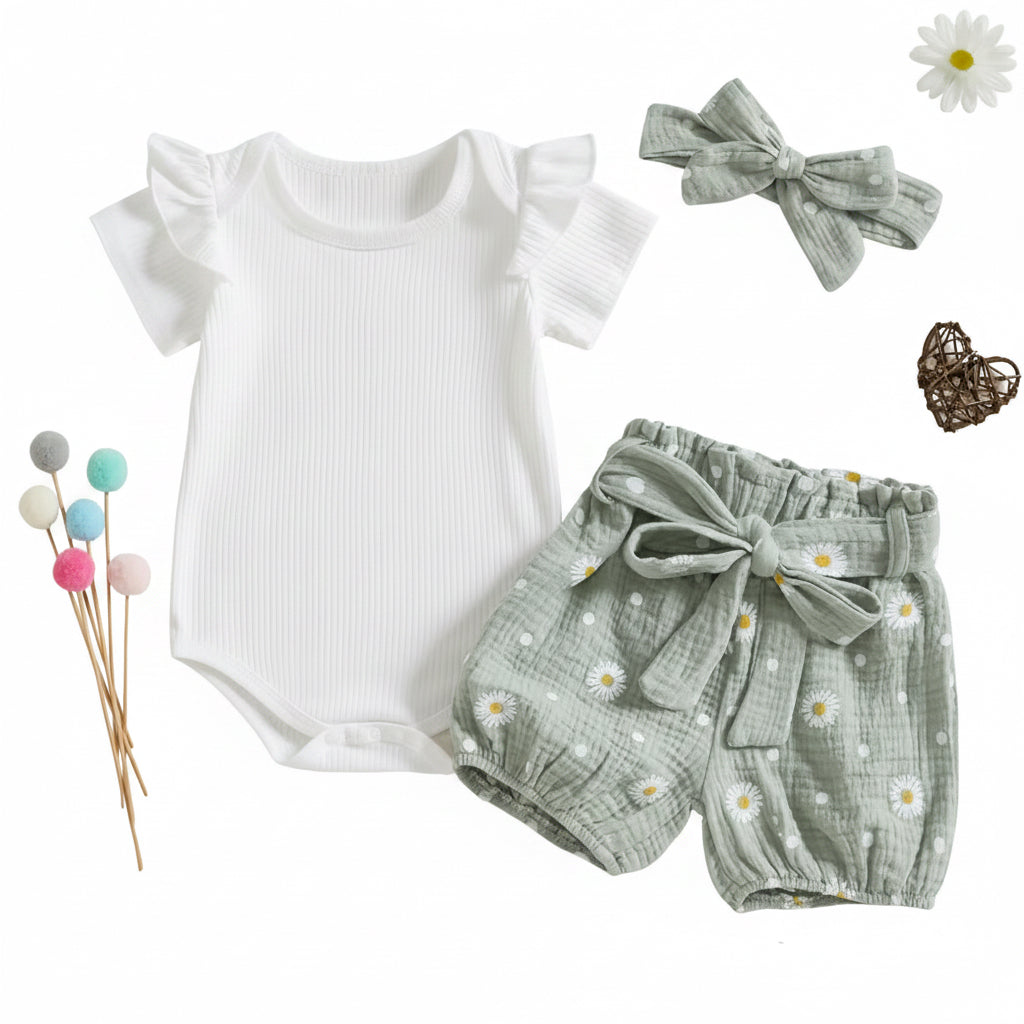 Baby Toddler Girls Ribbed Romper Muslin Shorts & Matching Headband Set 3M-24M