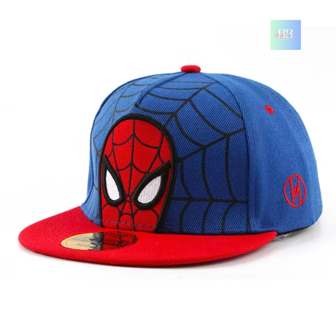 Blue and red cap with Spider-Man design on a white background