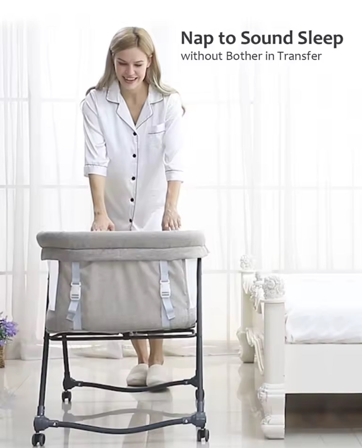 Woman pushing a portable baby crib with text 'Nap to Sound Sleep without Bother in Transfer' in a bright room.