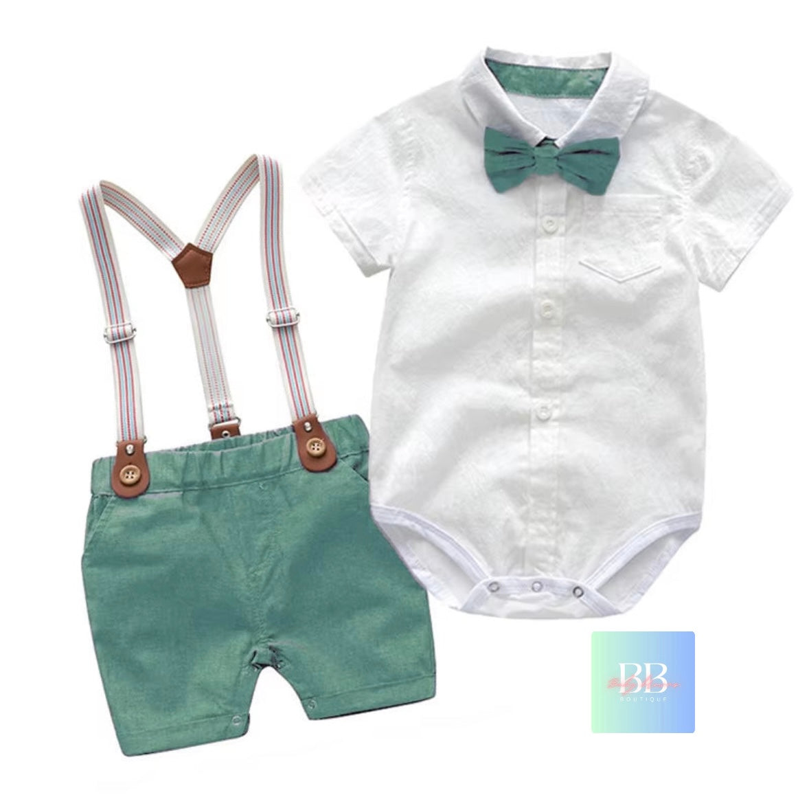 Baby/Toddler Formal Outfit. Short Dungarees, Shirt Style Romper with Bow Tie. 8 colours, 3-24M.