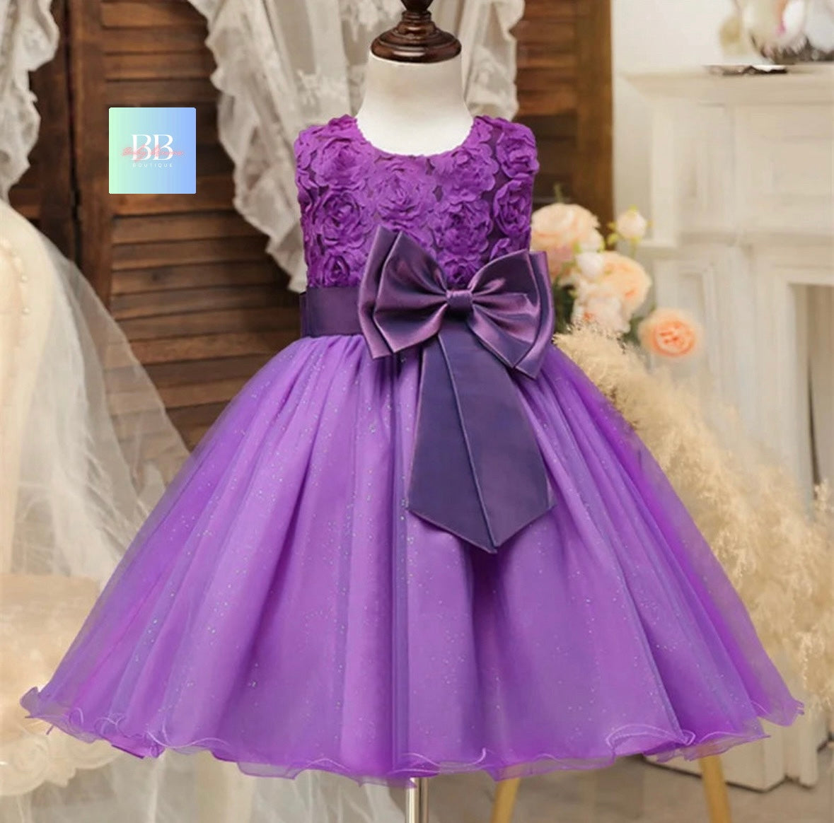 kids Lace Formal Dress with Flower Design, front Bow & Mesh Skirt. 5 colours, 4-10Y.