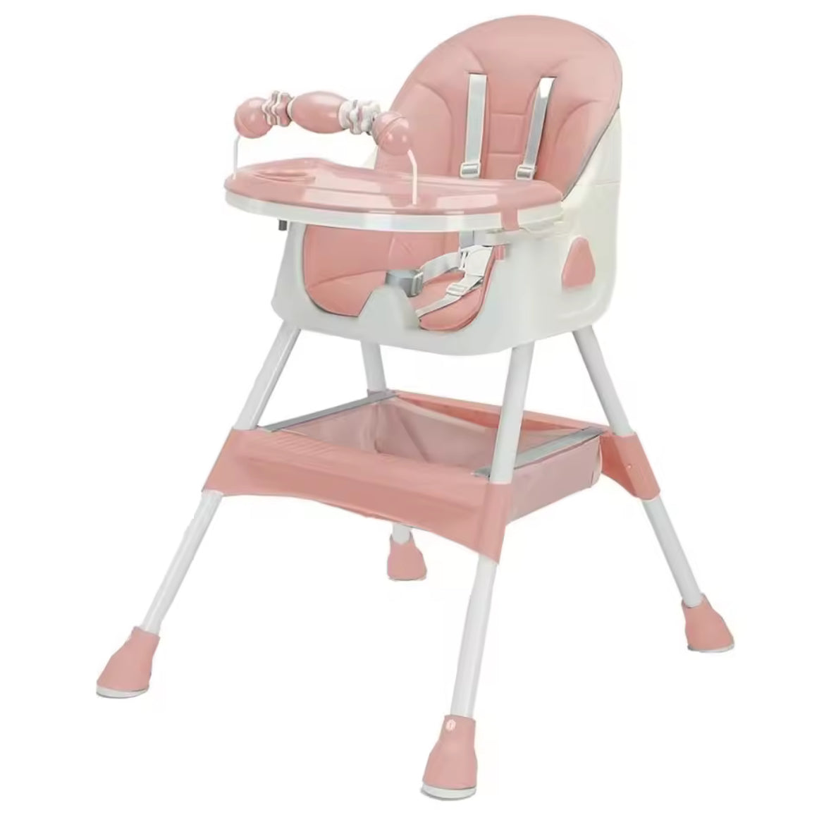 Pink and white high chair on a white background