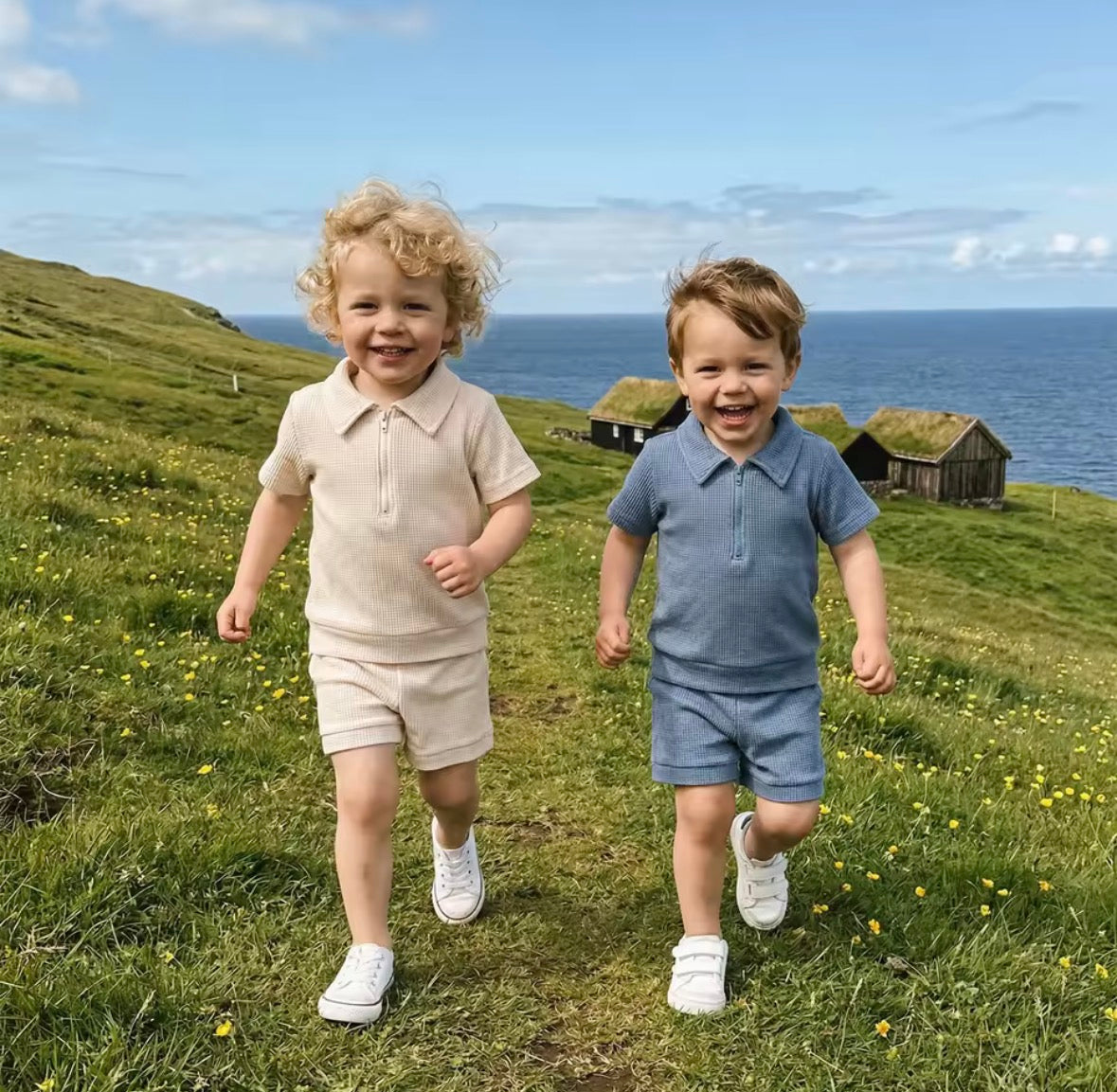 Kids Boys Half Zip Lapel Collar T-shirt & Matching Shorts Set. 2 Colours 6M-4Y