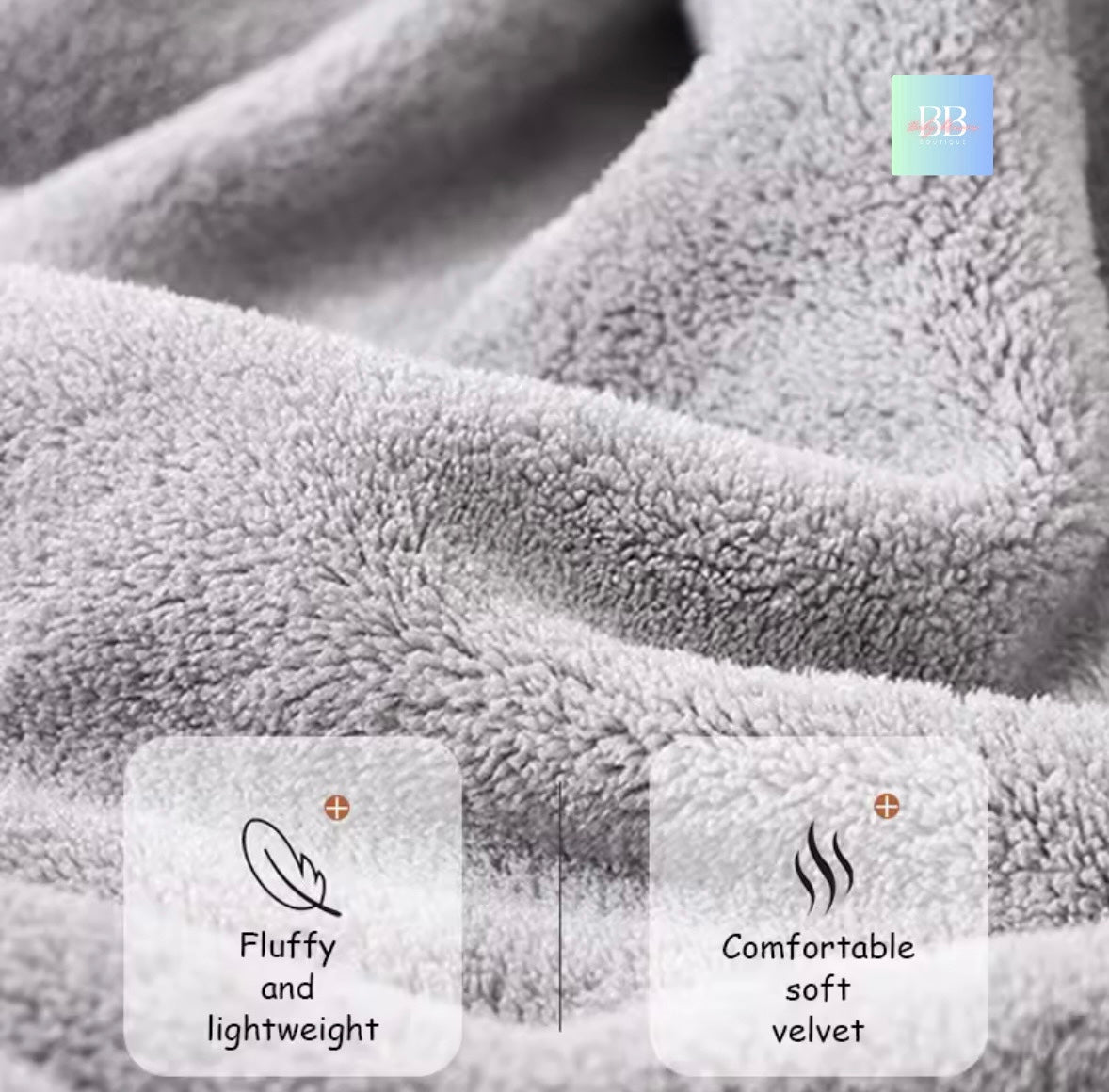 Close-up of fluffy and lightweight fabric with text labels on a gray background