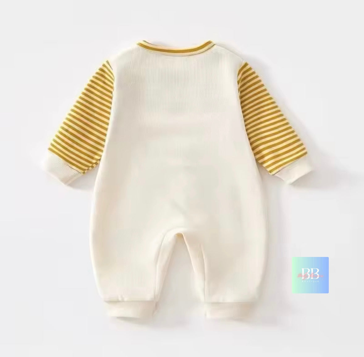Baby romper with striped sleeves on a white background