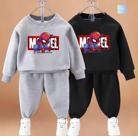Two children's sweatshirt and pants sets with Spider-Man design on a beige background