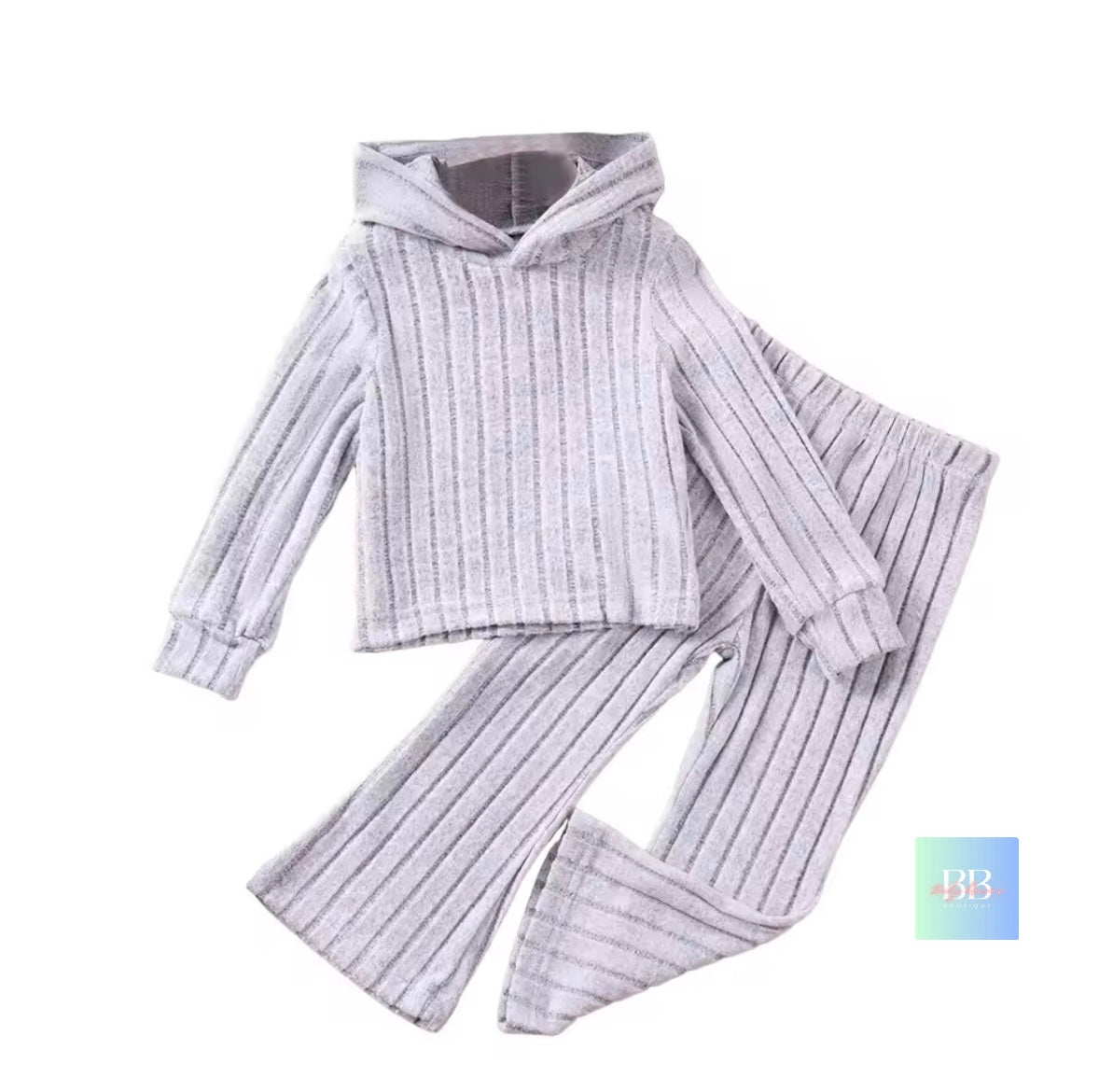Gray ribbed knit hoodie and pants set on a white background