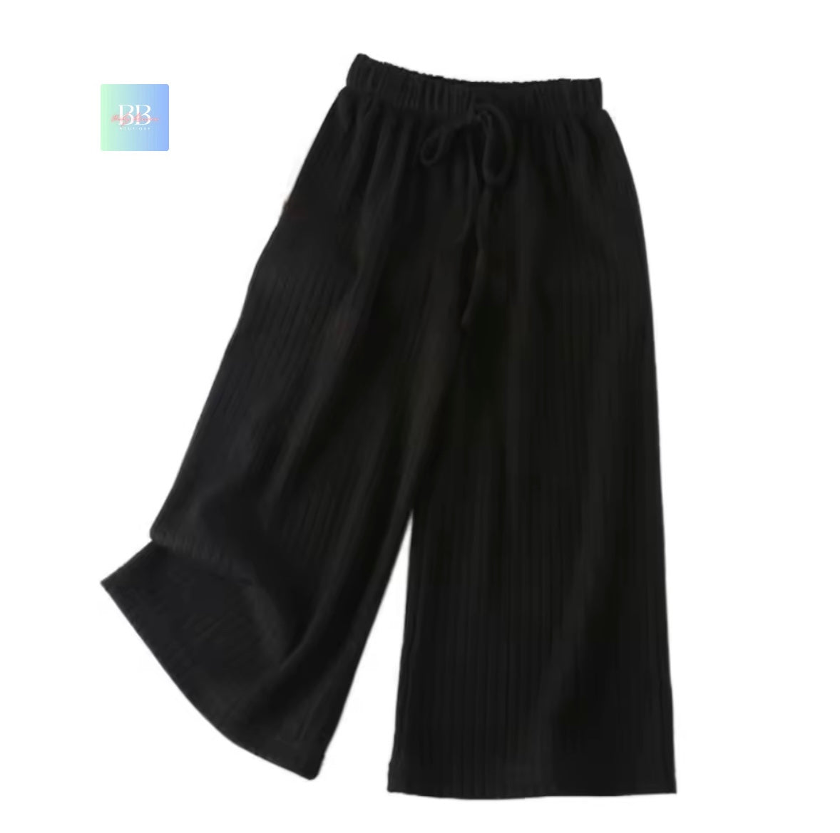 Black wide-leg pants on a white background