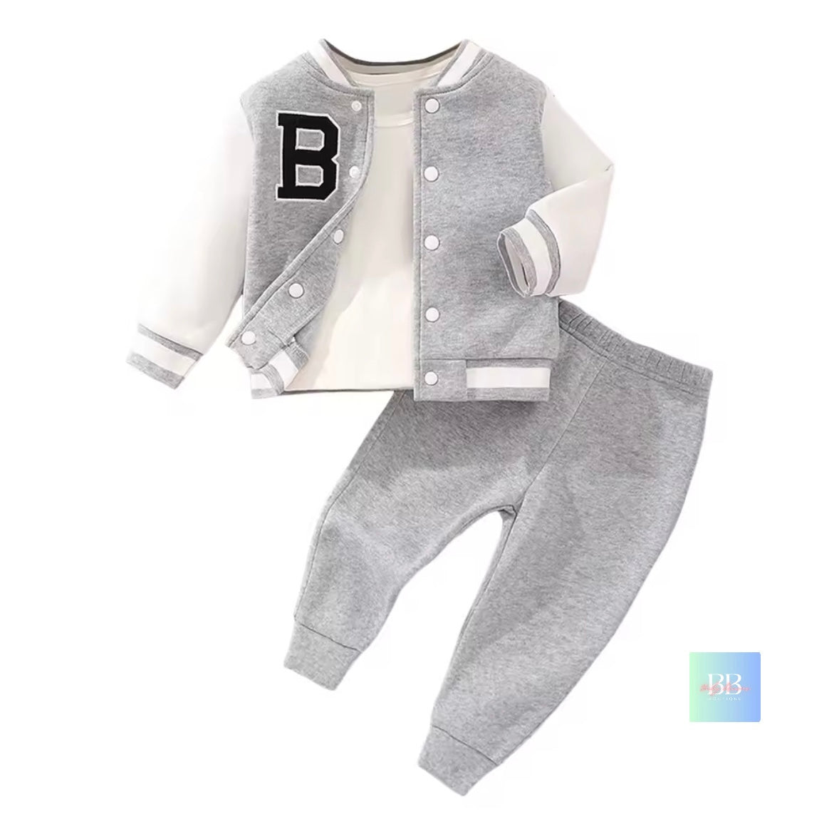 Children's gray and white jacket with pants on a white background