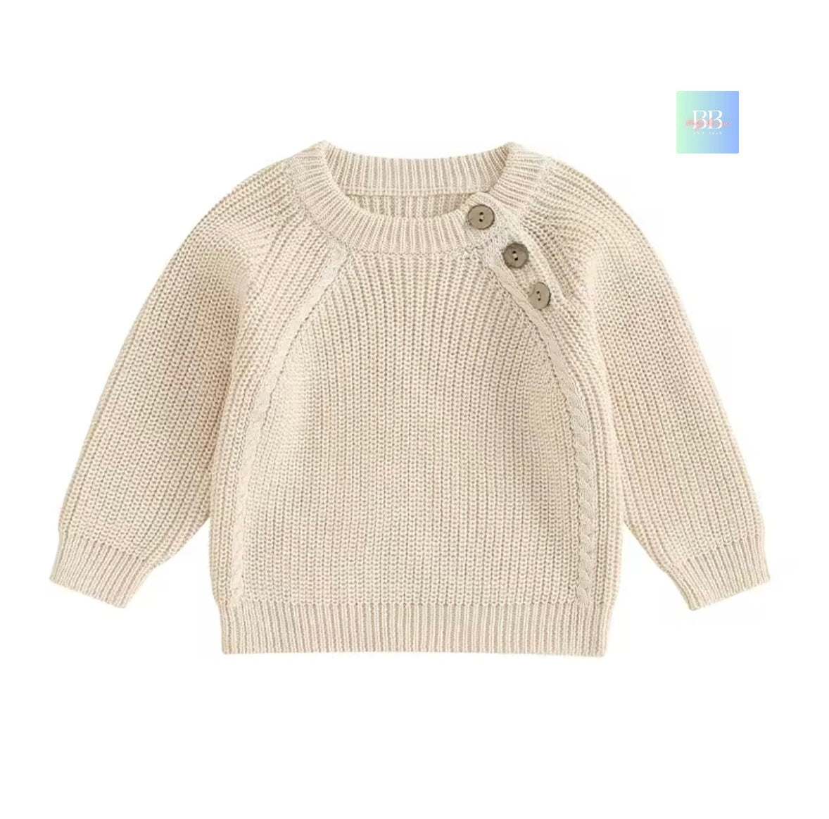 Beige knitted sweater with buttons on a white background