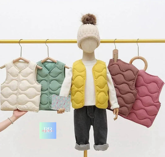 Kids Padded Sleeveless Vest/Bodywarmer with Zip. 5 colours, 2-10Y.