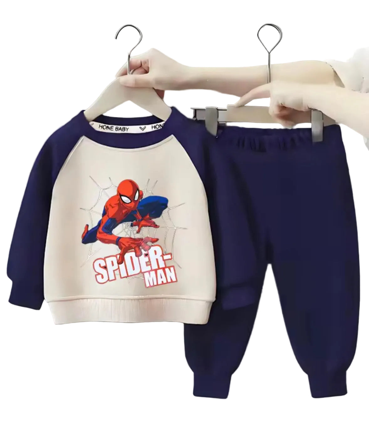 Children's Spider-Man outfit on hangers against a gray background