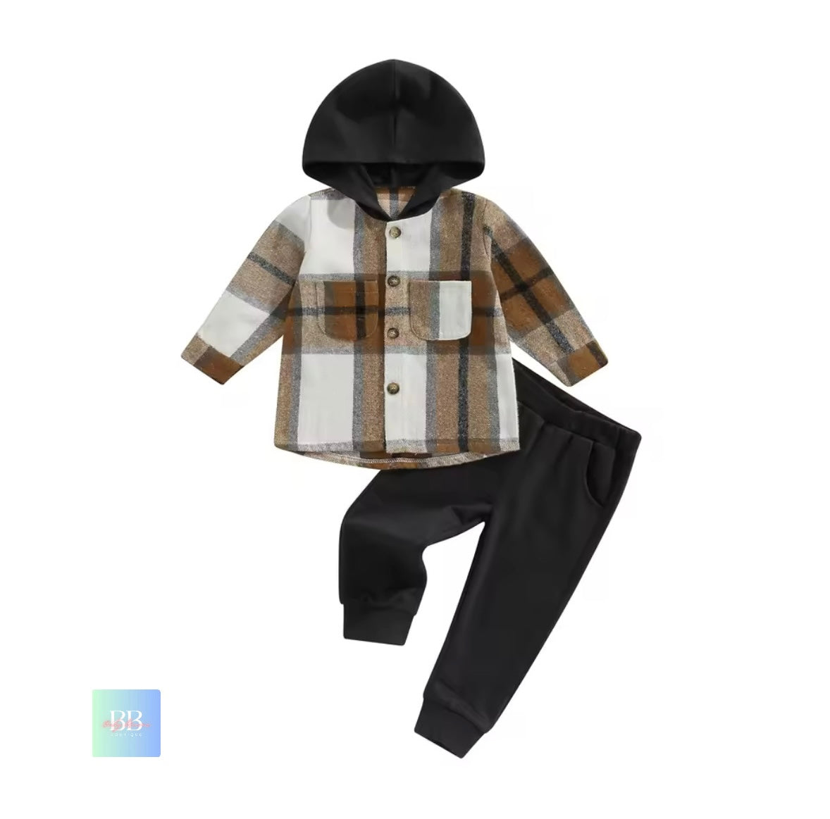Plaid shirt with black hood and black pants on a white background
