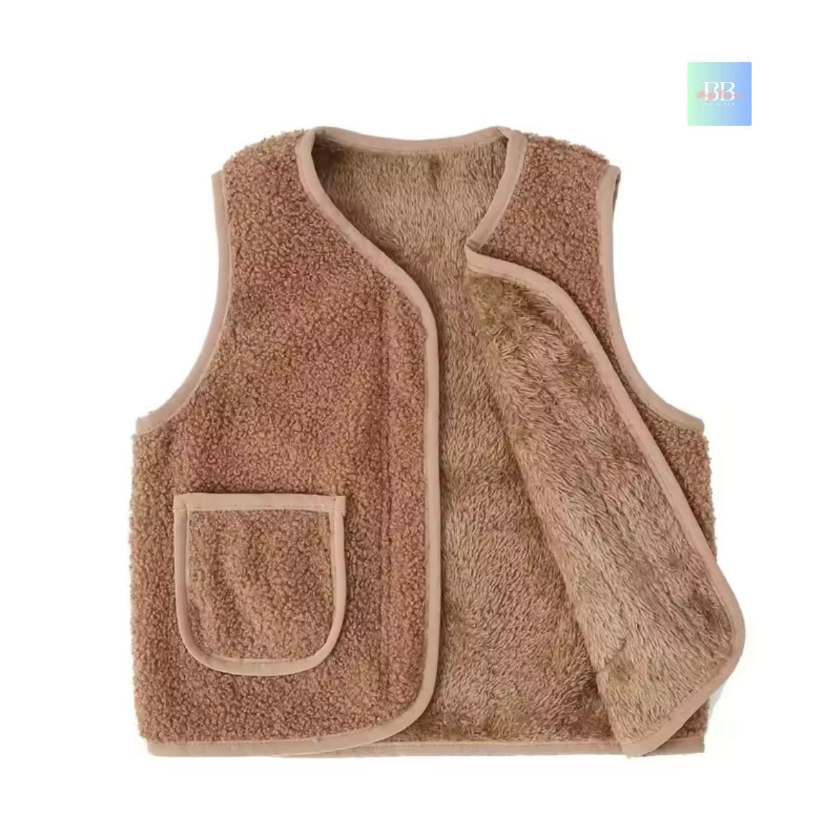 Brown fleece vest with a pocket on a white background