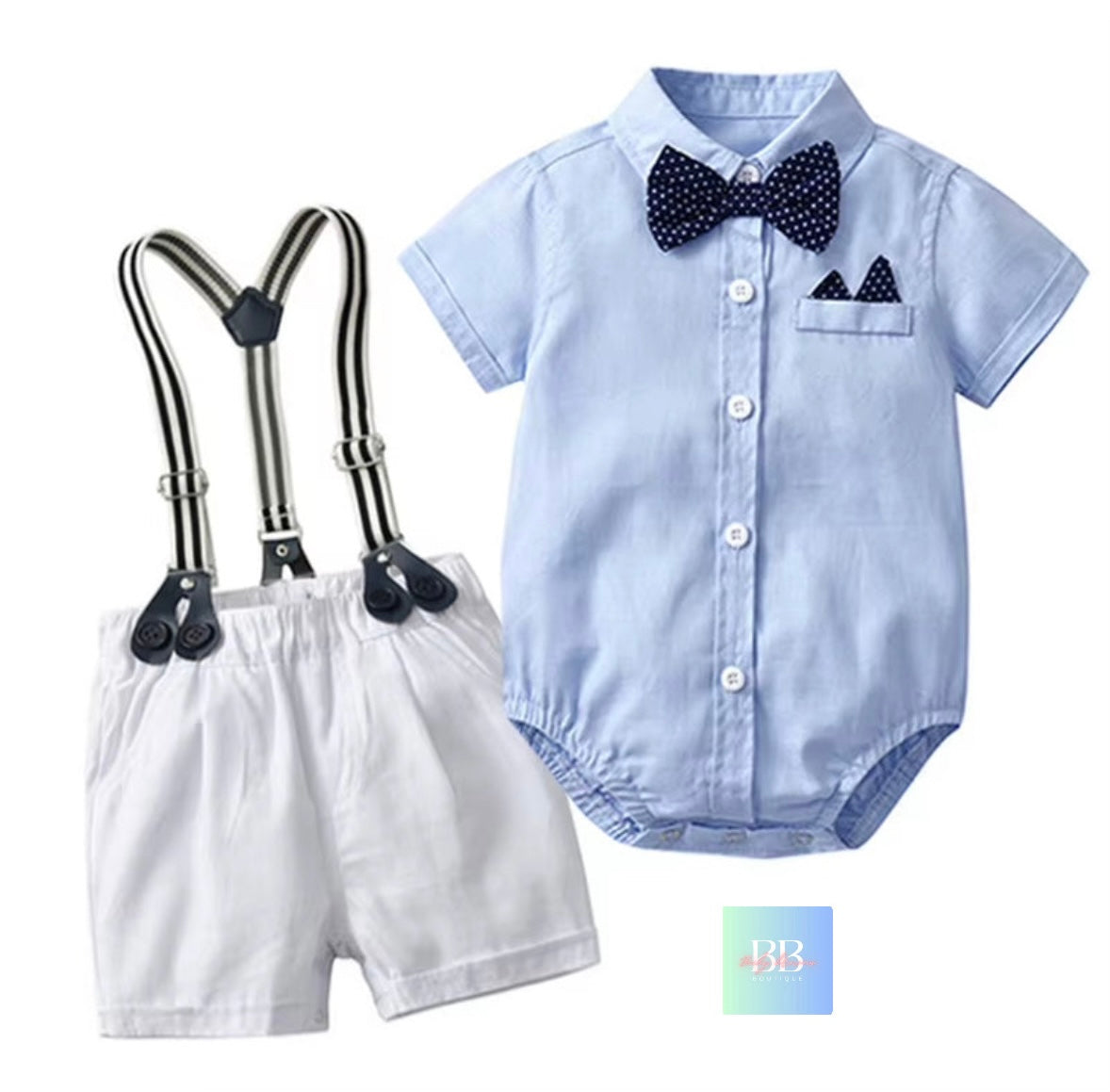 Baby/Toddler Formal Outfit. Short Dungarees, Shirt Style Romper with Bow Tie. 8 colours, 3-24M.