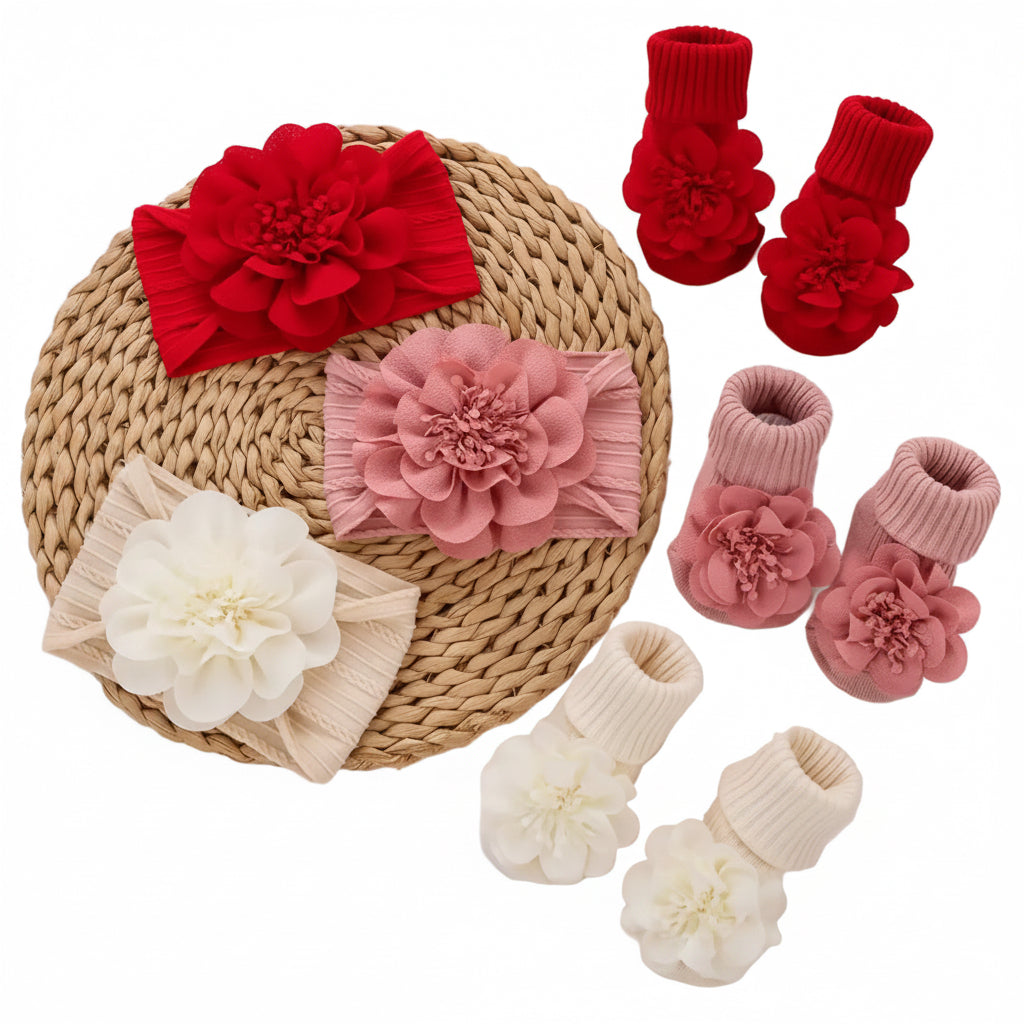 Baby Girls Flower Headband & Non Slip Socks Set. 3 Colours 0-12M