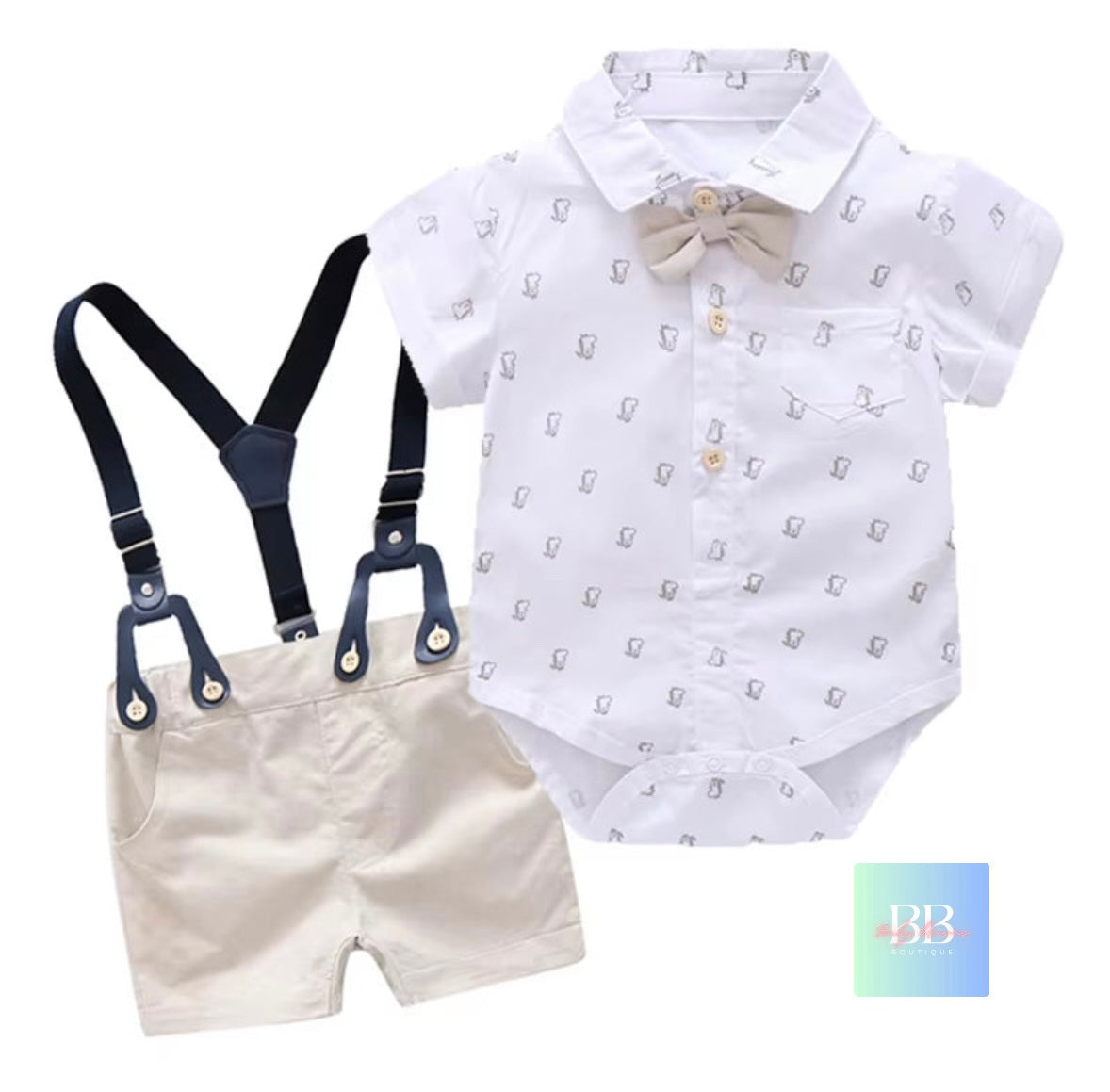 Baby/Toddler Formal Outfit. Short Dungarees, Shirt Style Romper with Bow Tie. 8 colours, 3-24M.