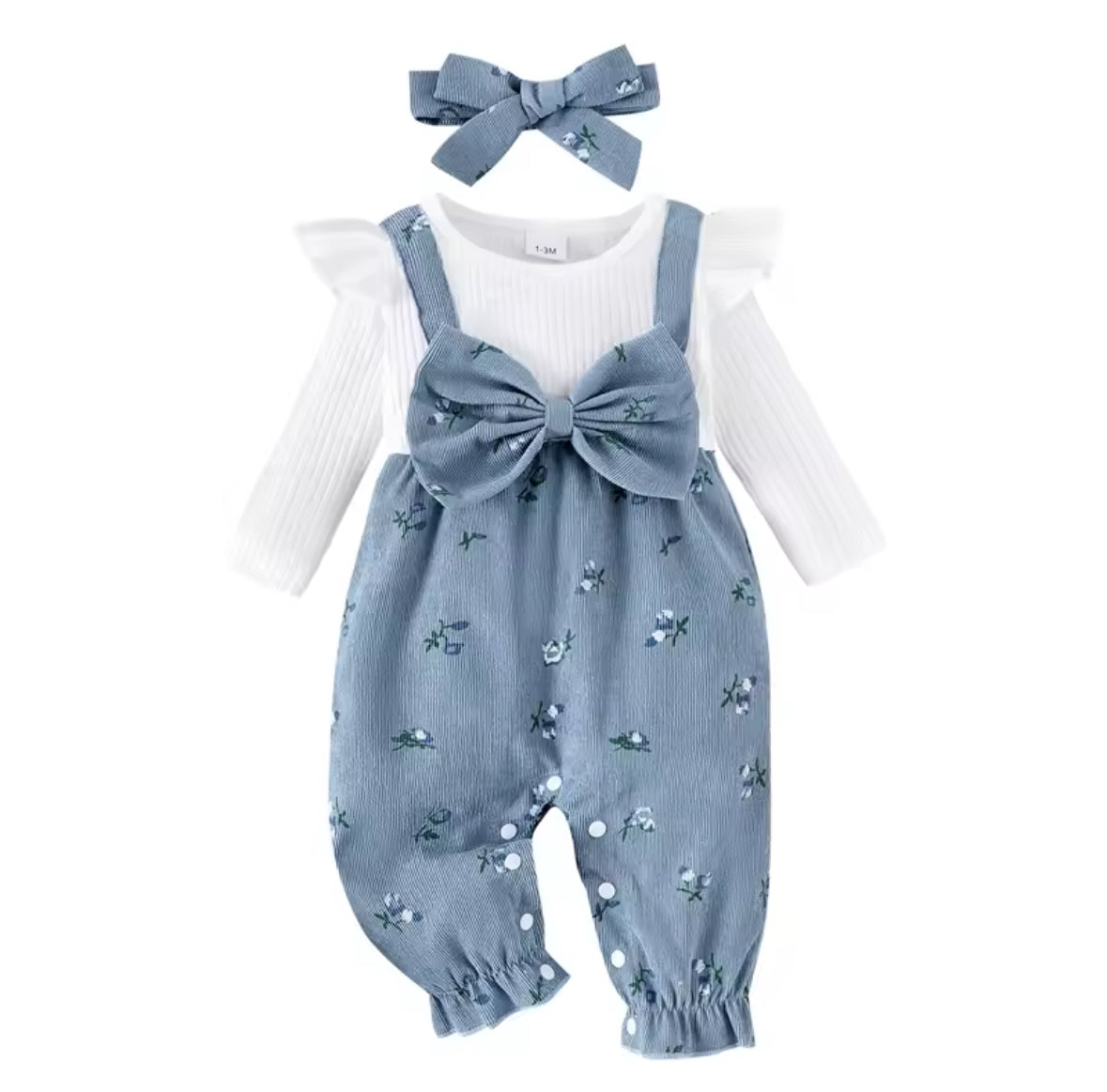 Baby outfit with blue romper, white shirt, and headband on a white background